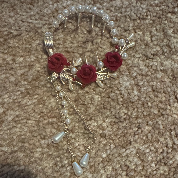 Gold Hair pin Set with Red Rose & Pearl Accents - Picture 2 of 7